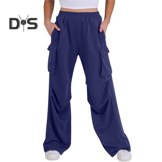 Women Cargo Pants Elastic Waist Mid-rise Straight Wide Leg Sweatpants with Multi Pockets Solid Color Casual Jogging Pants Loose Lounge Pants