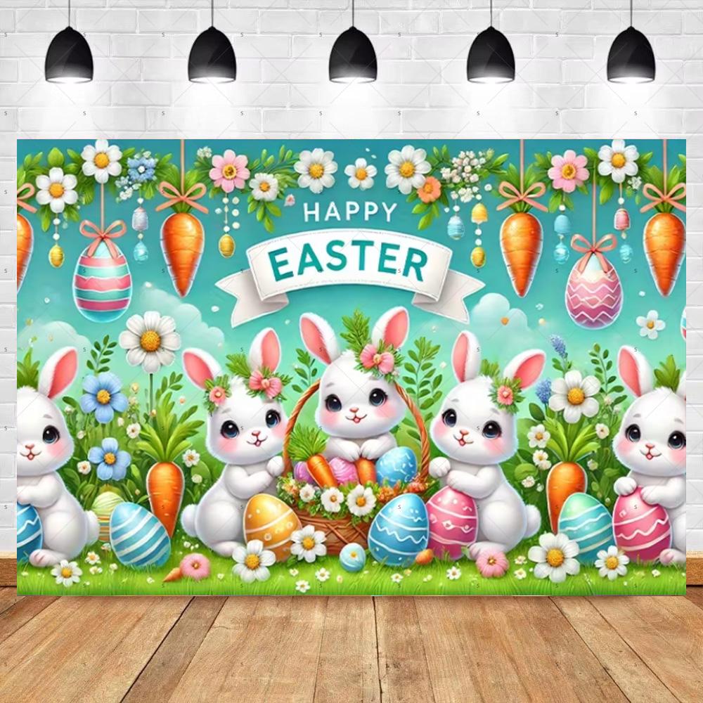 Spring Vibrant Rabbit Backdrop Supplies Happy Easter Theme Background Banner Bunny Easter Eggs Party Decoration Photography Prop