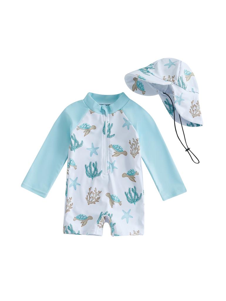 Children's One-piece Swimsuit Boys' Sun Protection Long-sleeved Baby Cartoon Swimsuit Quick-drying Baby Swimsuit Hooded Sun Protection