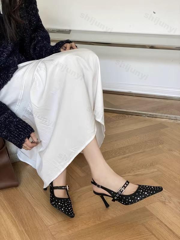 Fashion Women's Thin Heel Pointed Rhinestone Designed Sandals 2025 Summer New Fashion Back Strap High Heels Shallow Mouth Elegant Pumps