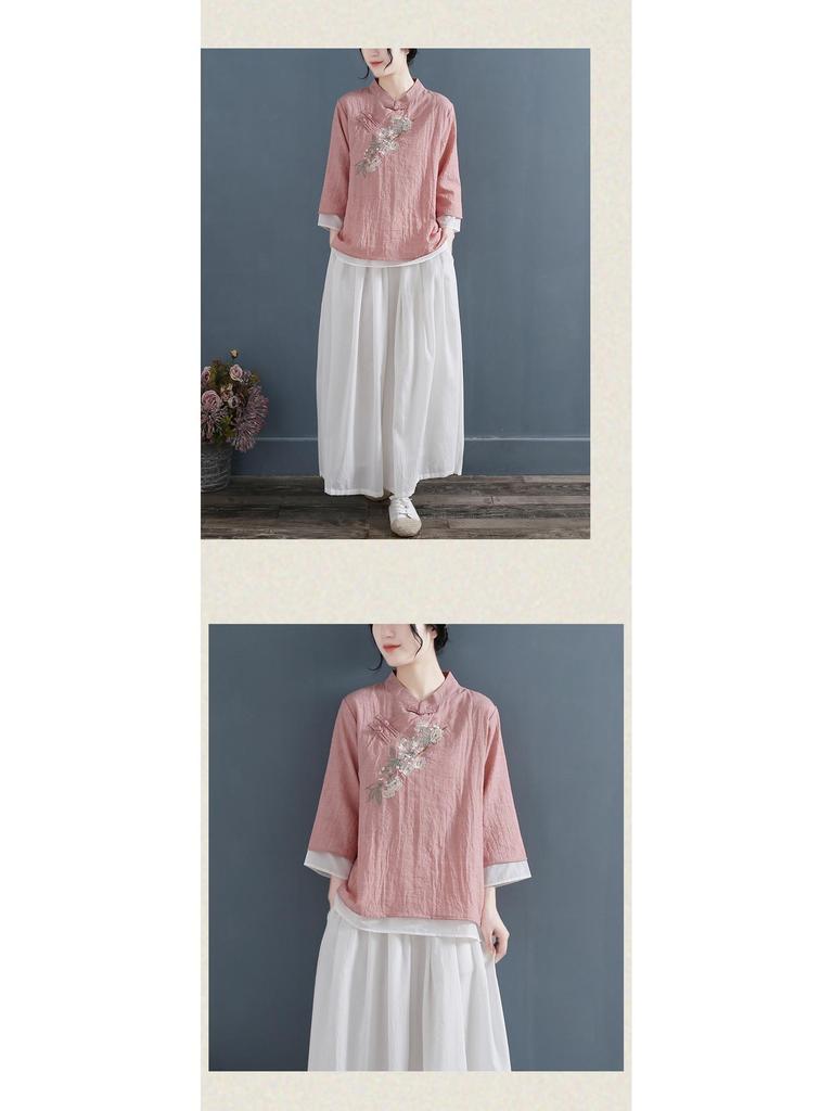 Chinese Ethnic Style Embroidered Cotton-Linen Frog Button Top for Women, Summer 2024, Stand Collar with Three-Quarter Sleeves.