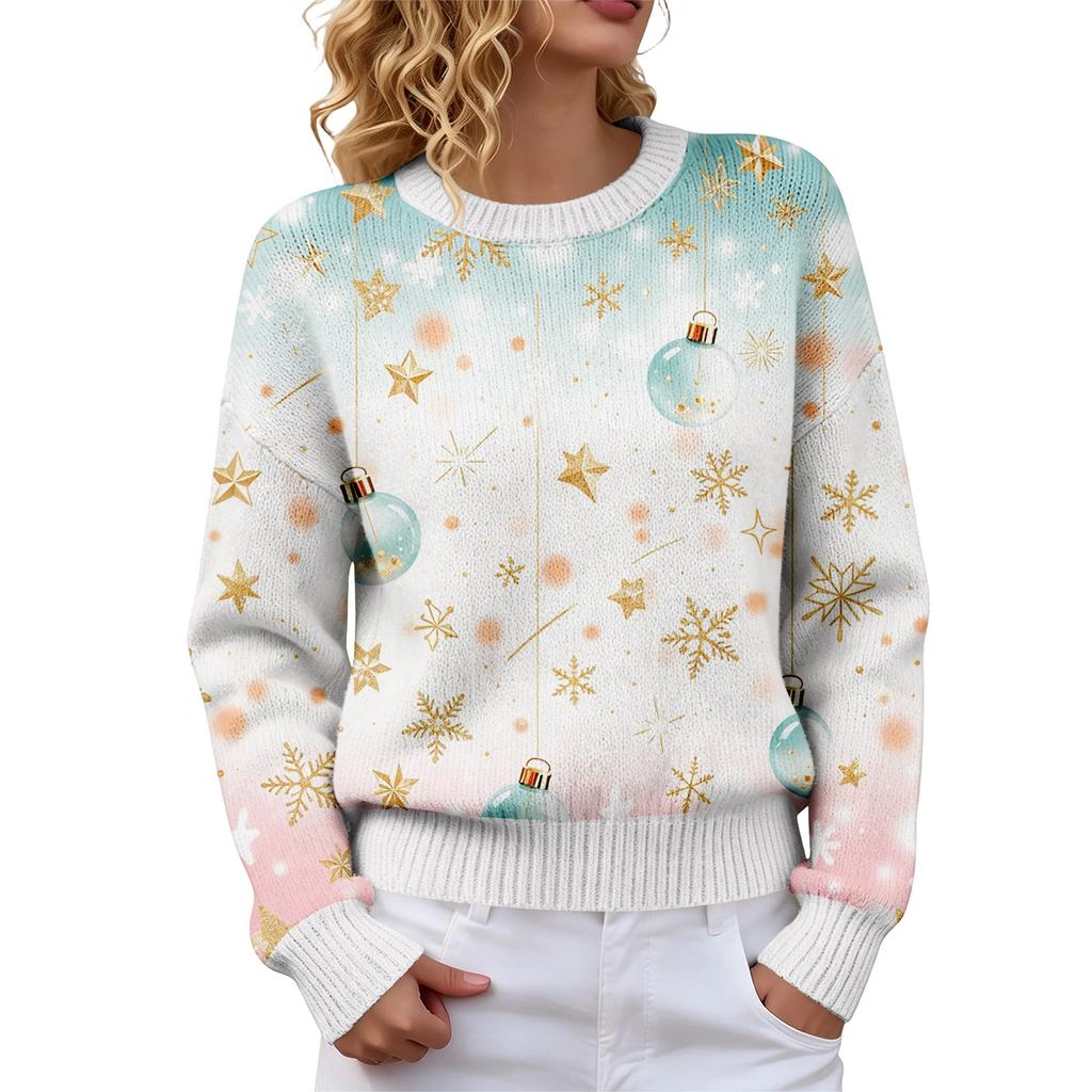 Women's Christmas Print Crewneck Long Sleeve Sweater for Fall Winter Casual Wear