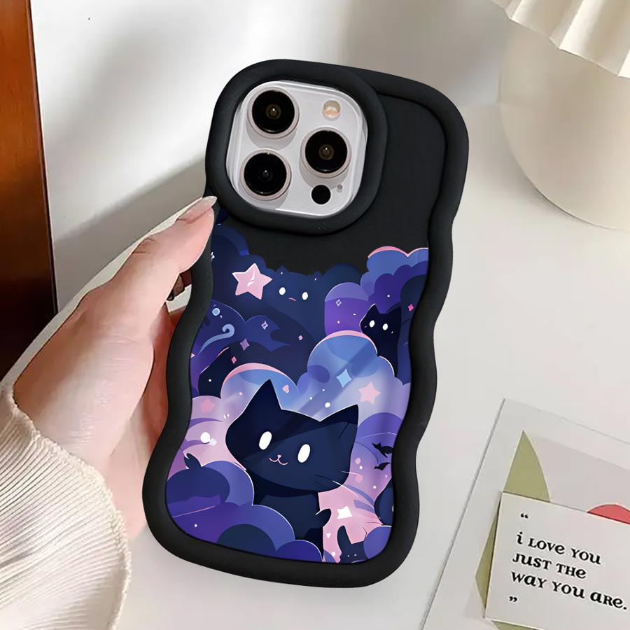 Soft Phone Cover Case for iPhone 15 Plus 13 11 14 XR 16 Pro Max 17 Air 8 12 Black Cat Starry Night