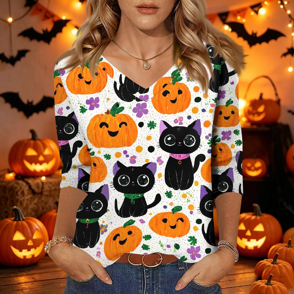 Women Casual Halloween Print V Neck Three Quarter Sleeve Top Lightweight Comfortable Fit Stylish Design for Daily Wear