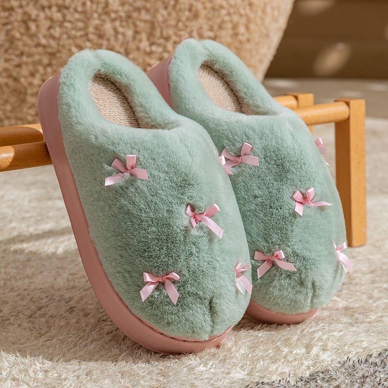 Plush cotton slippers autumn indoor bow style thick bottom plush warm cotton drag style