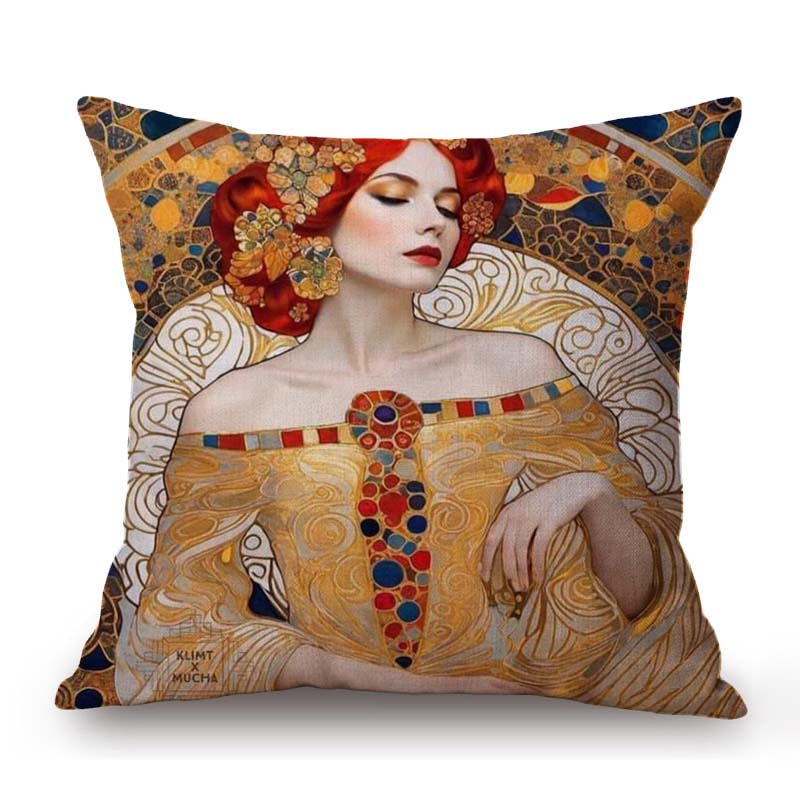 Gold Yellow Klimt Style Elegant Lady Girl Nouveau Art Home Decoration Sofa Throw Pillow Case Cotton Linen Bench Cushion Cover