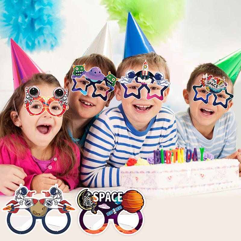 12 sztuk Wszechświat Kosmos Astronauta Rakieta Galaktyka Temat Papierowe Okulary Ramki Photo Props Chłopiec Urodziny Dekoracje Prezent