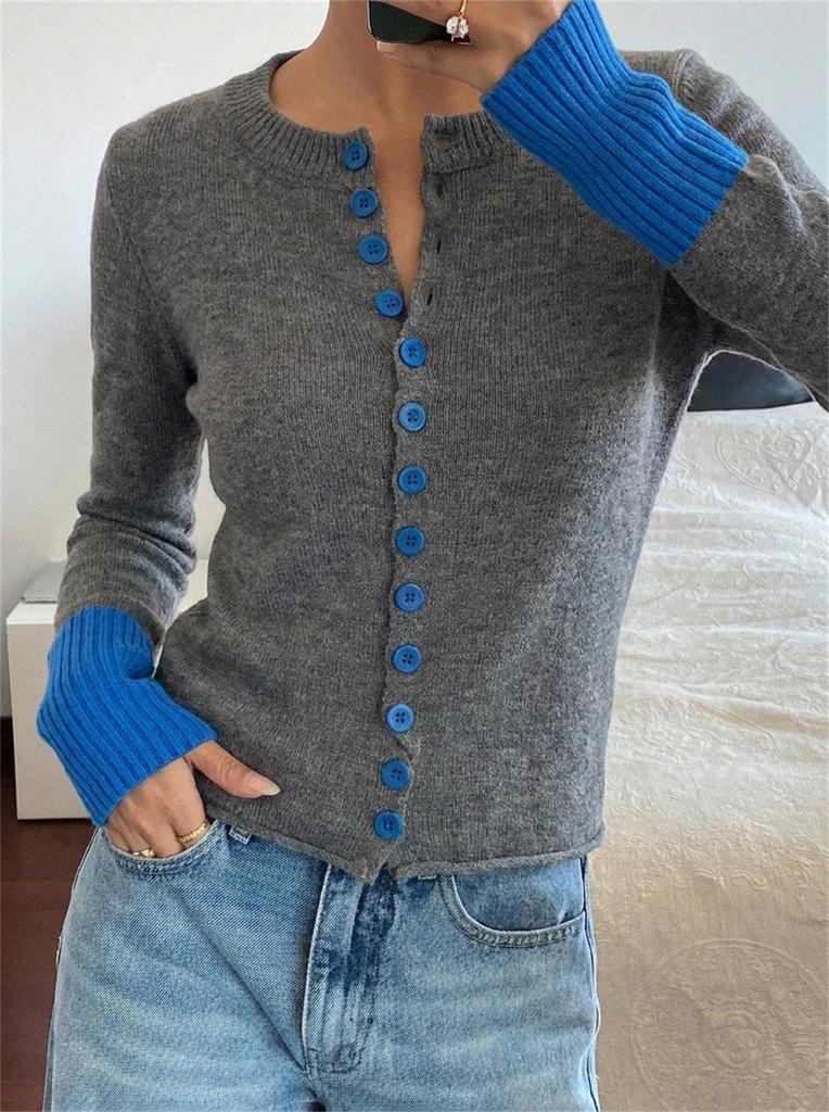 Women's contrasting cuff knitted cardigan crew neck single-breasted slim-fit knitted top autumn and winter casual cardigan sweater