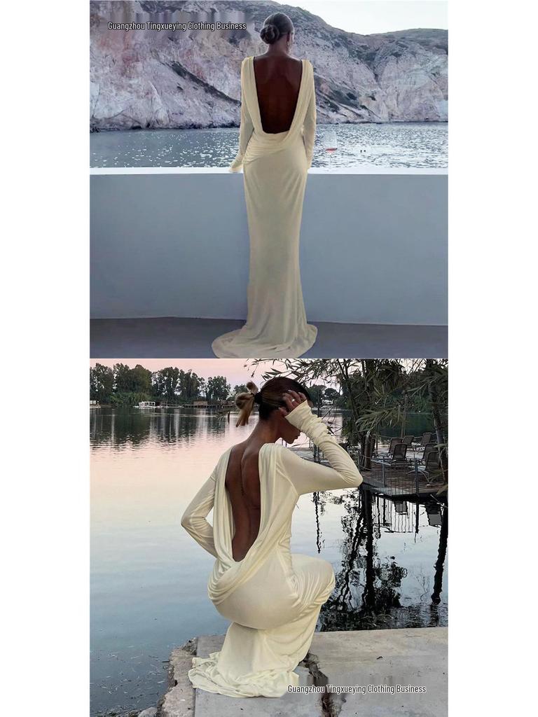 Elegant European & American Women's Backless Long Sleeve Evening Gown - Autumn/Winter Collection