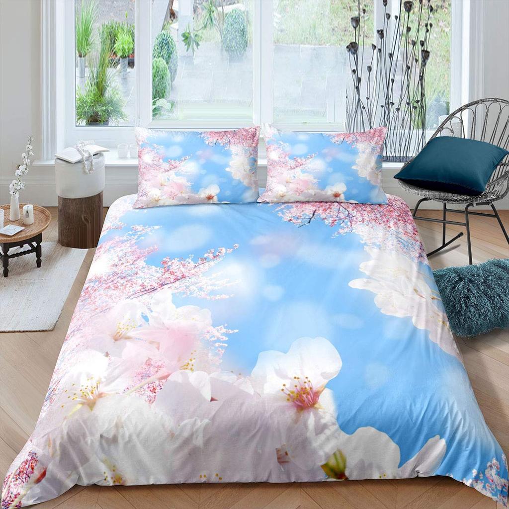 Peach Blossom Duvet Cover Set King Size Microfiber Pink Floral Bedding For Teens Women Twin Comforter Cover