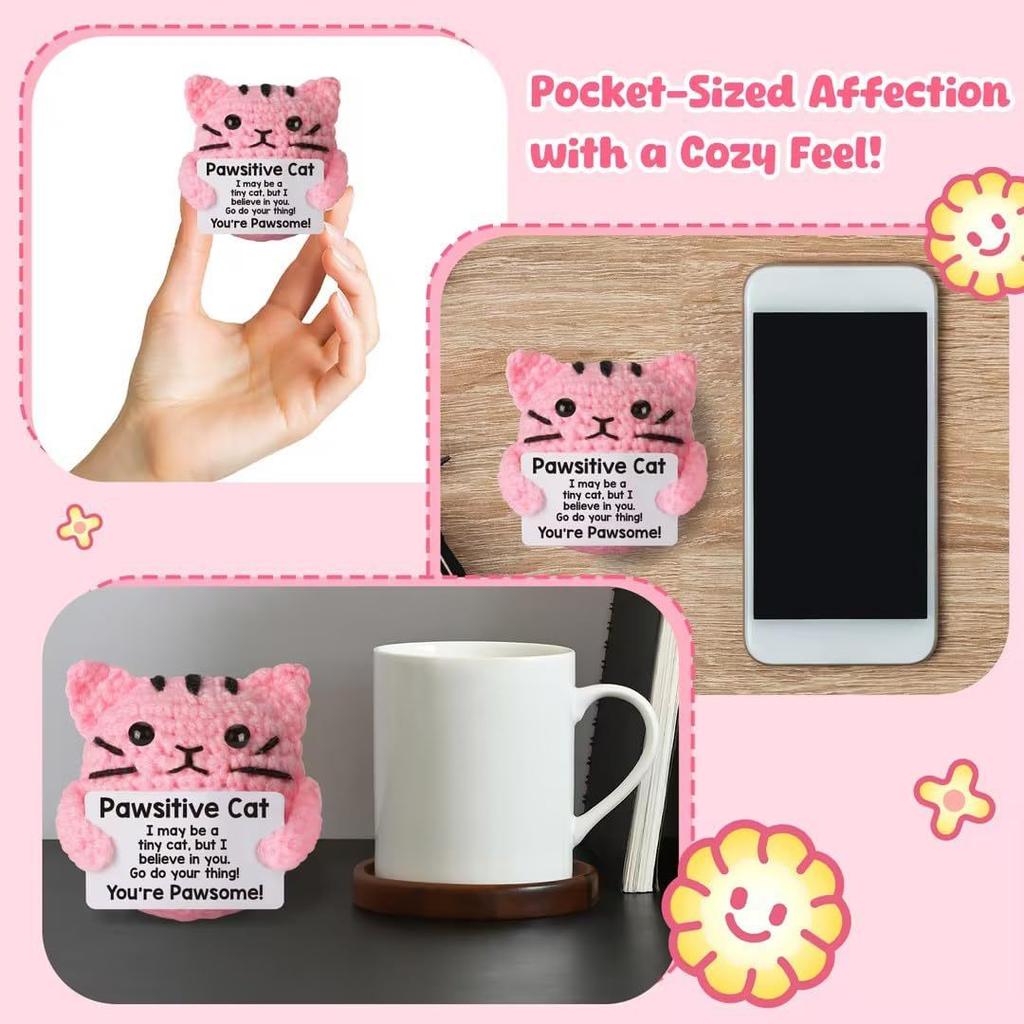 Cute Handcrafted Knitted Cat Doll With Card Room Decor Crochet Positive Cat Doll Ornament Christams Gifts Home Decoration