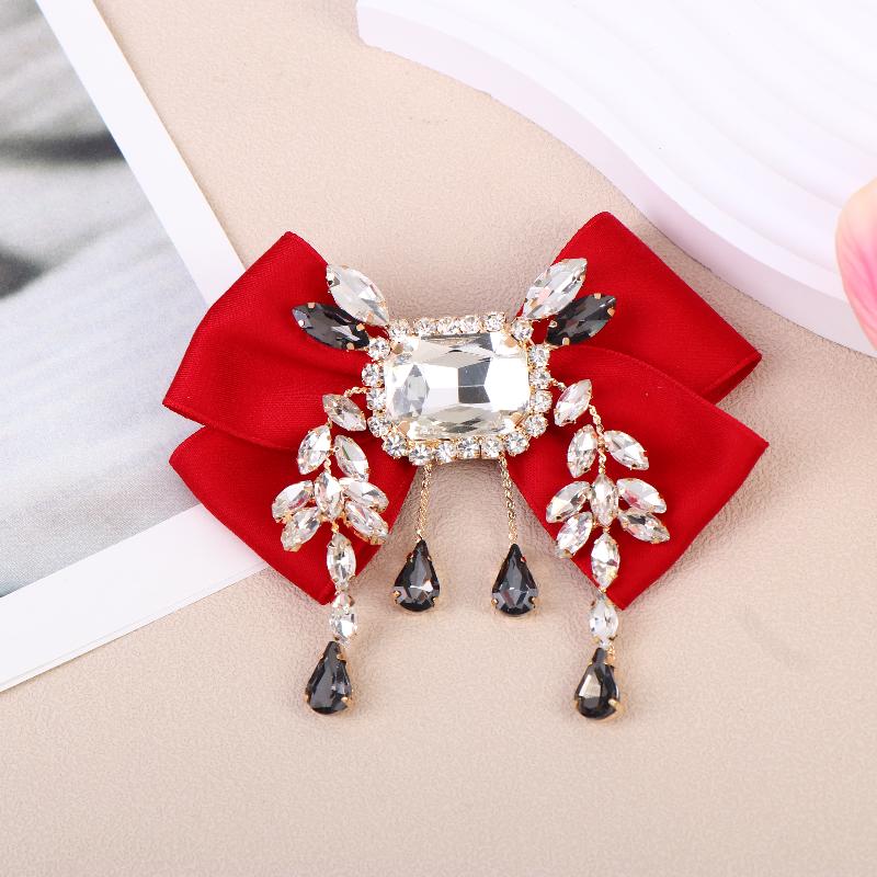 {Summer2} New Fabric Bowknot Brooches Rhinestone Tassel Bow Tie Female Shirt Collar Pin Vintage Corsage For Women Accessories