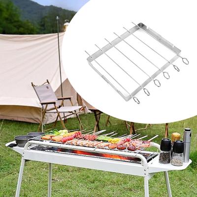 Foldable Grill Rack with 6 Stainless Steel BBQ Skewers Barbecue Rack Grill Accessories for Meat, Shrimp, Chicken, Veggie