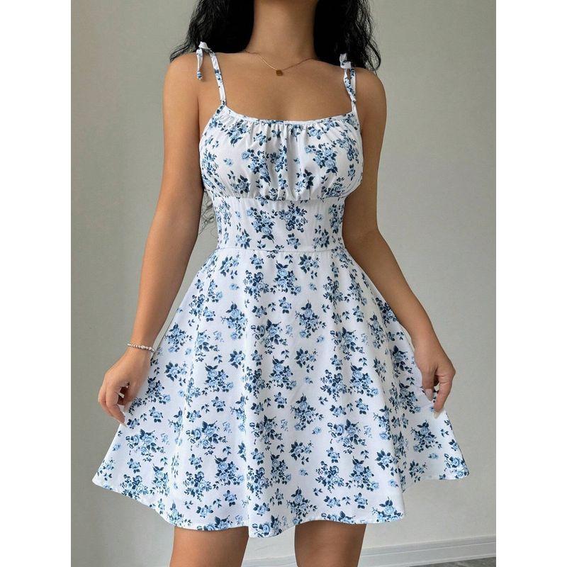 

Sweet Small Summer New Arrival Fashion Gentle Floral Print off-Neck Slim Fit Backless Sling Dress Skirt White Figure XL