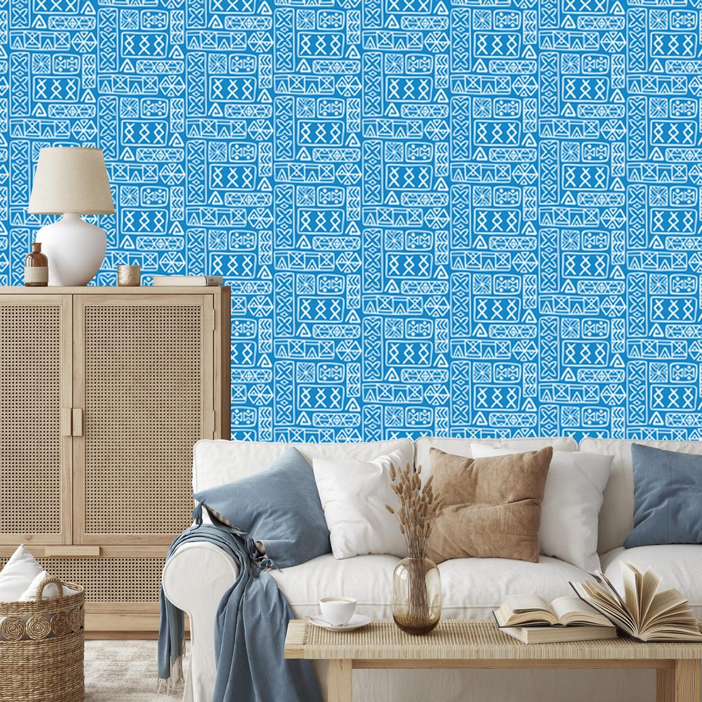 Polynesian Geometric Pattern Wallpaper Azure and Blue 50x1000