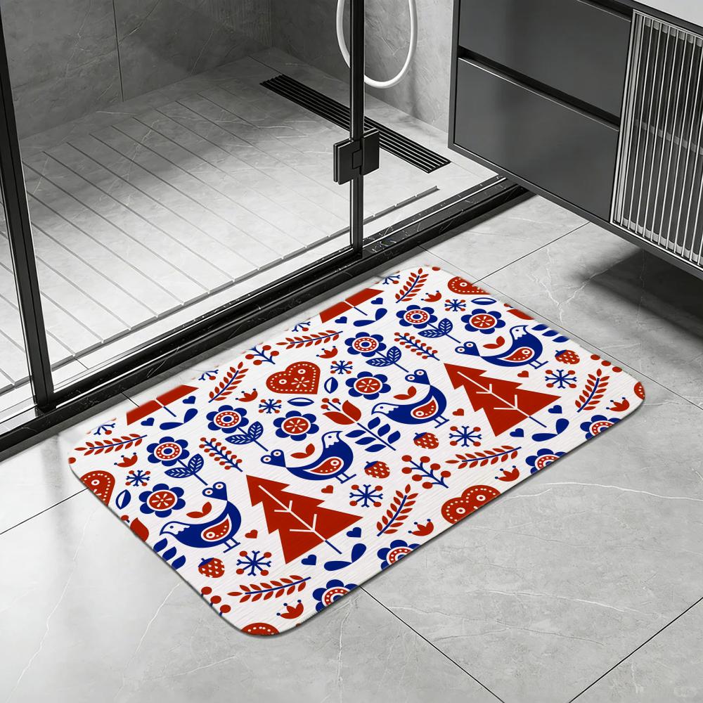 Pattern Swedish Folk Art Floor Mat Diatomite Bath Mat, Quick Dry, Absorbent, Multi-Scene Mat