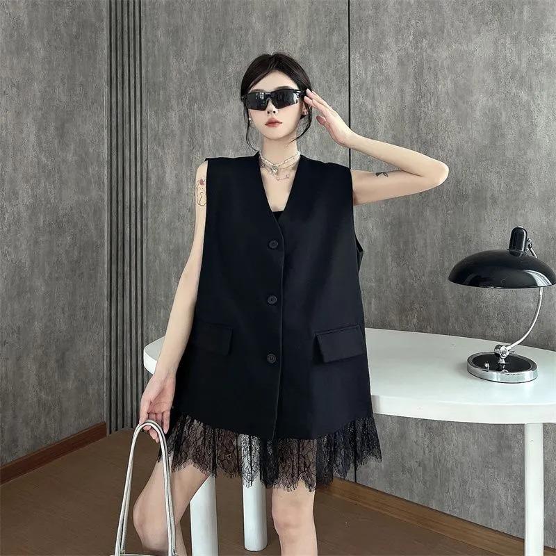 

Кружевная вставка Черный жилет-костюм Жилет Куртка для женщин Летний Свободный Без рукавов Повседневный M чёрный