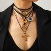 Heart Pendant Necklace with Natural Stone Cross, Vintage Wax Cord Chain, High-end Retro Necklace