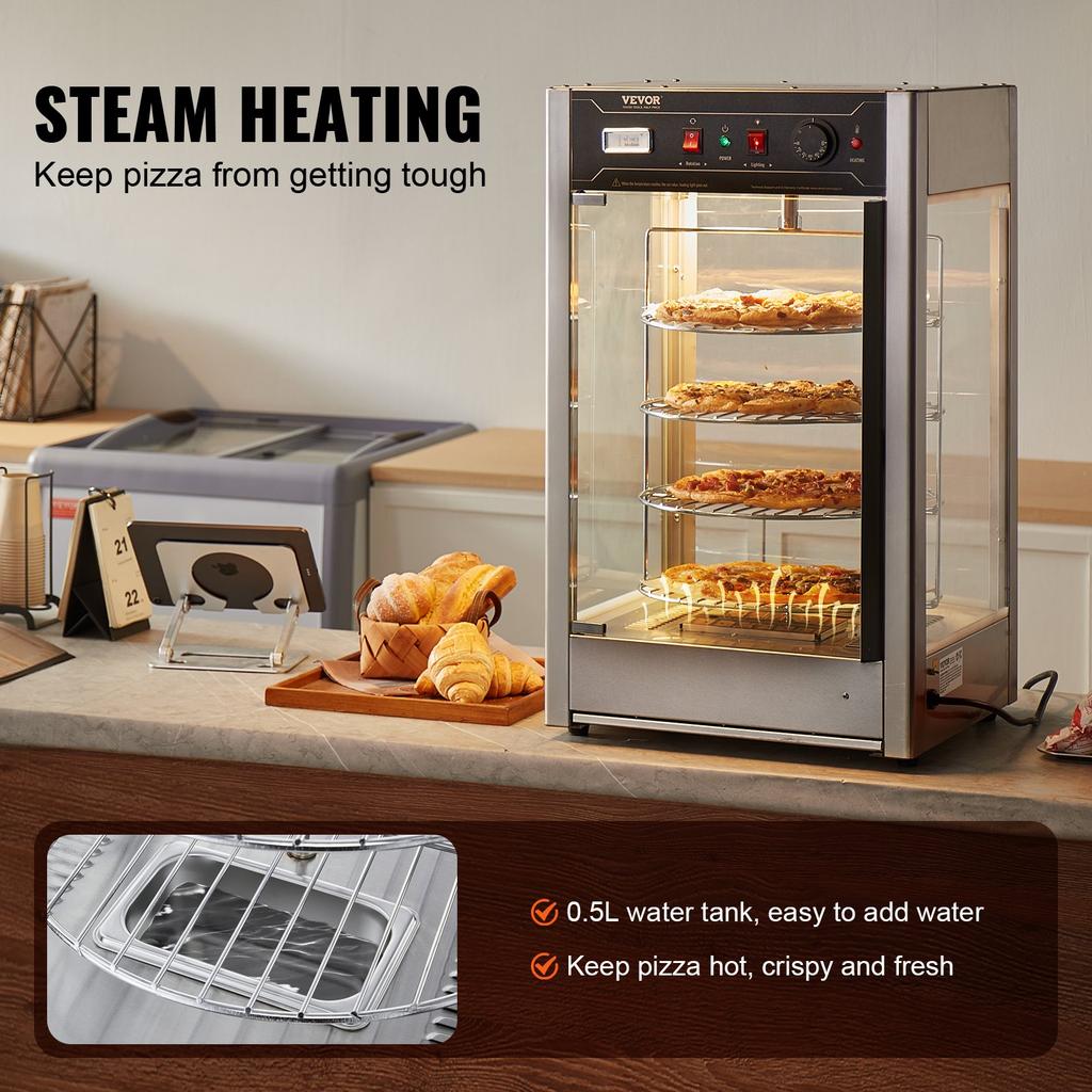 VEVOR Commercial Food Warmer Display for 14" Pizza, 4-Tier Pizza Warmer with Rotary Steam Heating