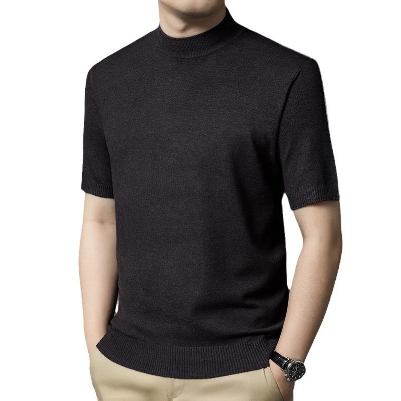 Men's Slim Fit Half-High Neck Wool Blend Knit Shirt - Short Sleeve, Fashionable, Versatile, Business Casual.