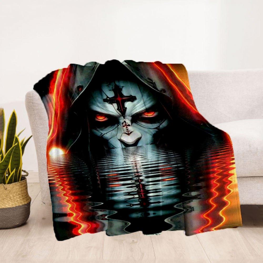 Gothic Hooded Figure with Cross Face Mask Art Print PosterBlanket Flannel Throw Blanket for Sofa, Bed, Travel, Camping, Office