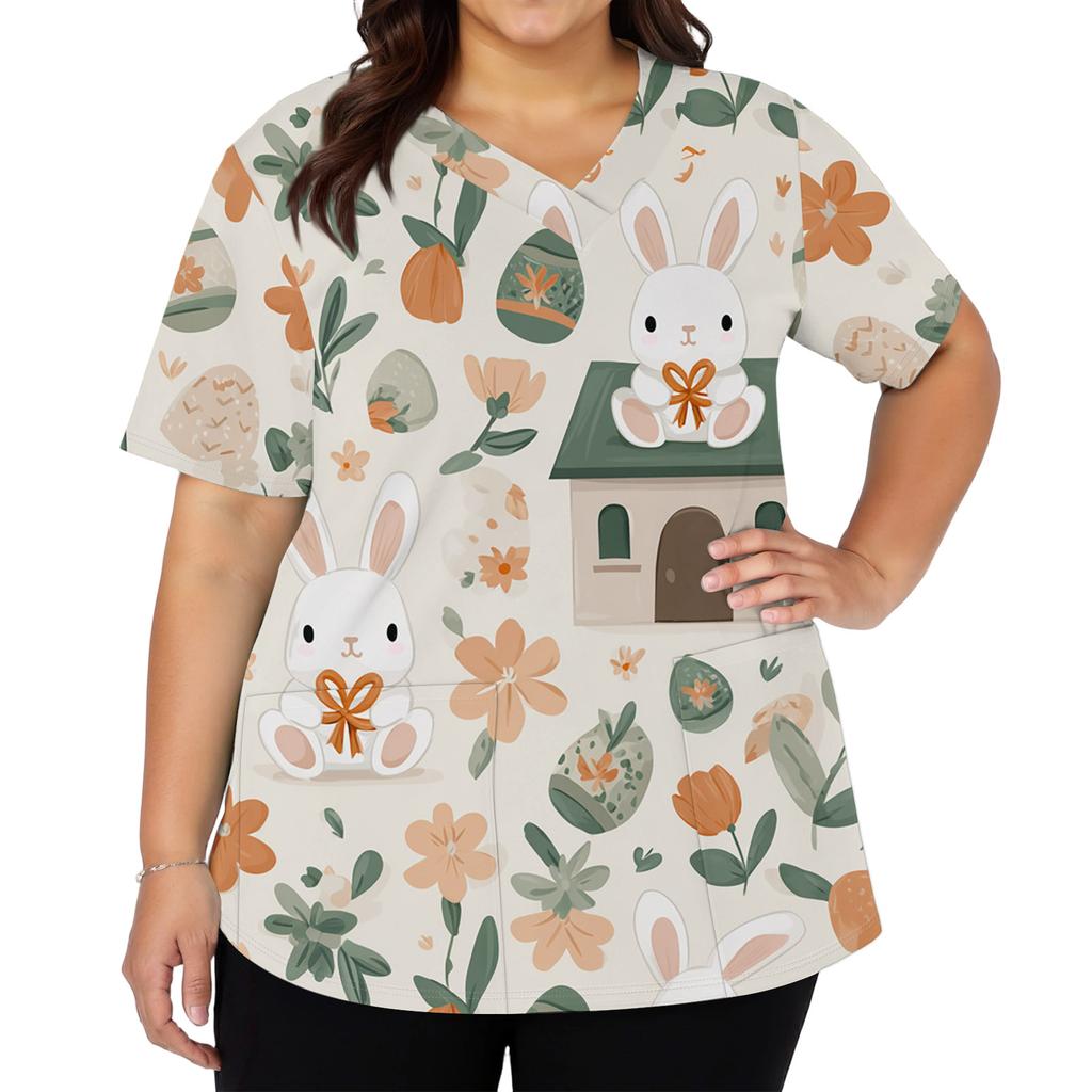 Women's Fashionable V-neck Short-sleeved Work Top With Double Side Slits And Pockets, Featuring Easter Bunny And Egg Prints.