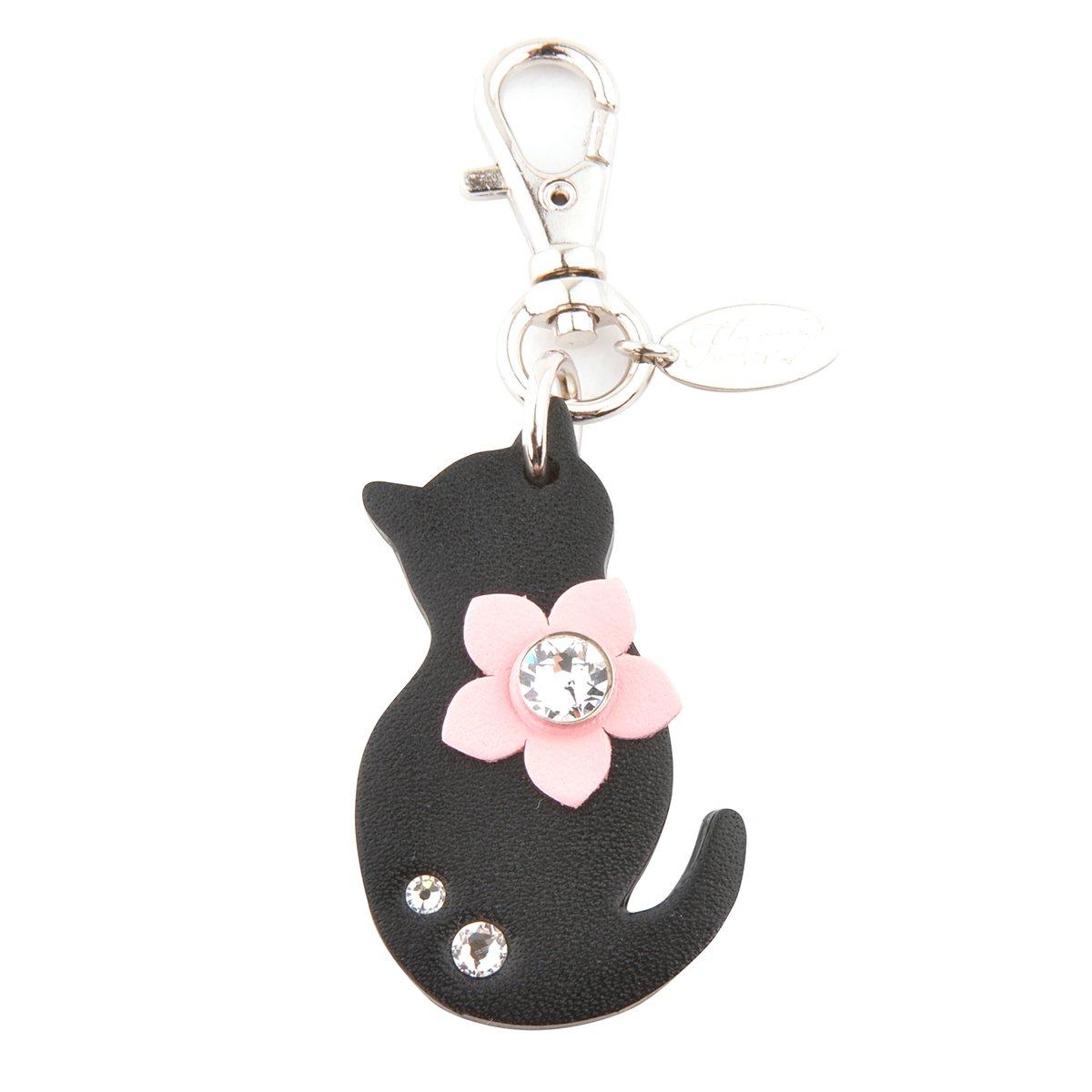 

[Happy] Chibi Neko Charm HC-18-1.BlackGenuine Cowhide Leather Keychain with Rhinestones and Jewel, Made in Japan, Cat Keychain, Real Leather Key