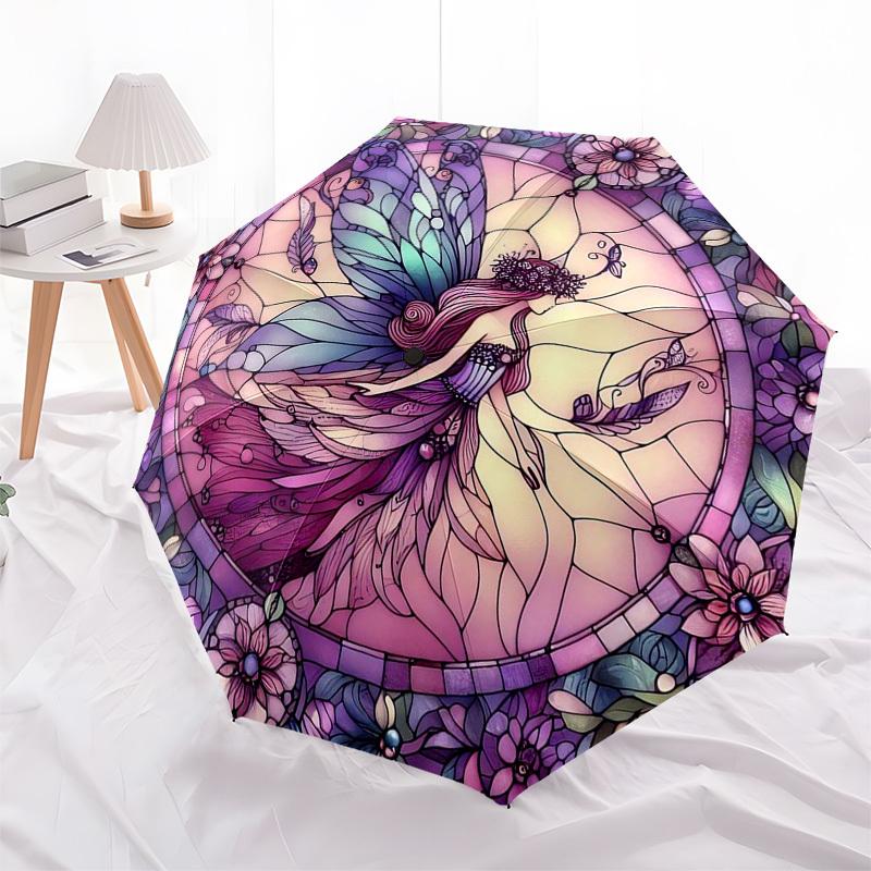 1pc Stained Glass Fairy Design Automatic Opening Folding Umbrella with 8-Rib Iron Frame - Portable Outdoor for Fans, Travelers, Daily Use, Festive Gif