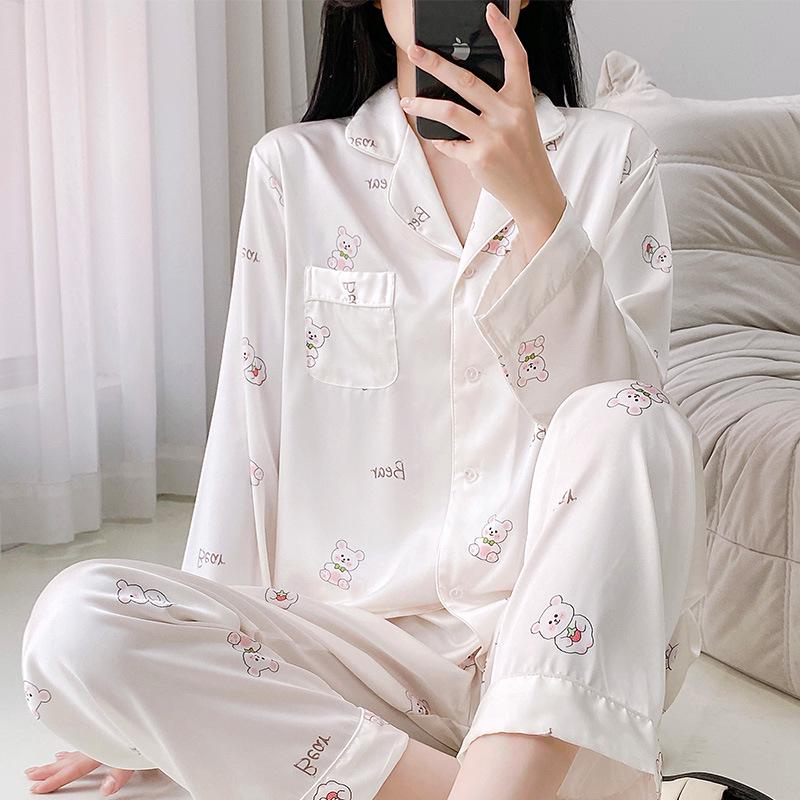 Women's Autumn/Winter Ice Silk Cartoon Pajamas, Korean-Style Sweetheart Set - Long Sleeve & Pants