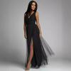 Glänzendes V-Ausschnitt Taillenbetontes Schlankmachendes Maxikleid mit Schlitz, Sexy Abendparty-Kleid für Damen Europäischer Amerikanischer Crossbody-Stil