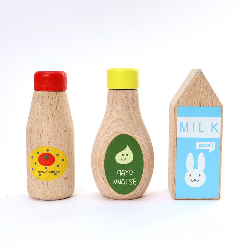 Toddler Pretend Play Kitchen Set: Wooden Pepper, Seasoning, & Soy Sauce Bottles
