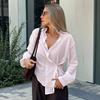 French cotton and linen shirt women's 1116 autumn design sense asymmetrical waist pink lapel shirt medium and long