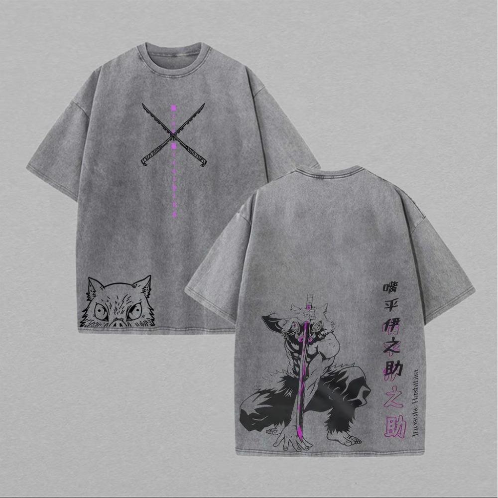 Ghost Slayer Blade Izunosuke Pattern Tshirt Japanese Manga Washed Retro Street Style Manga Enthusiasts Unisex Tshirt