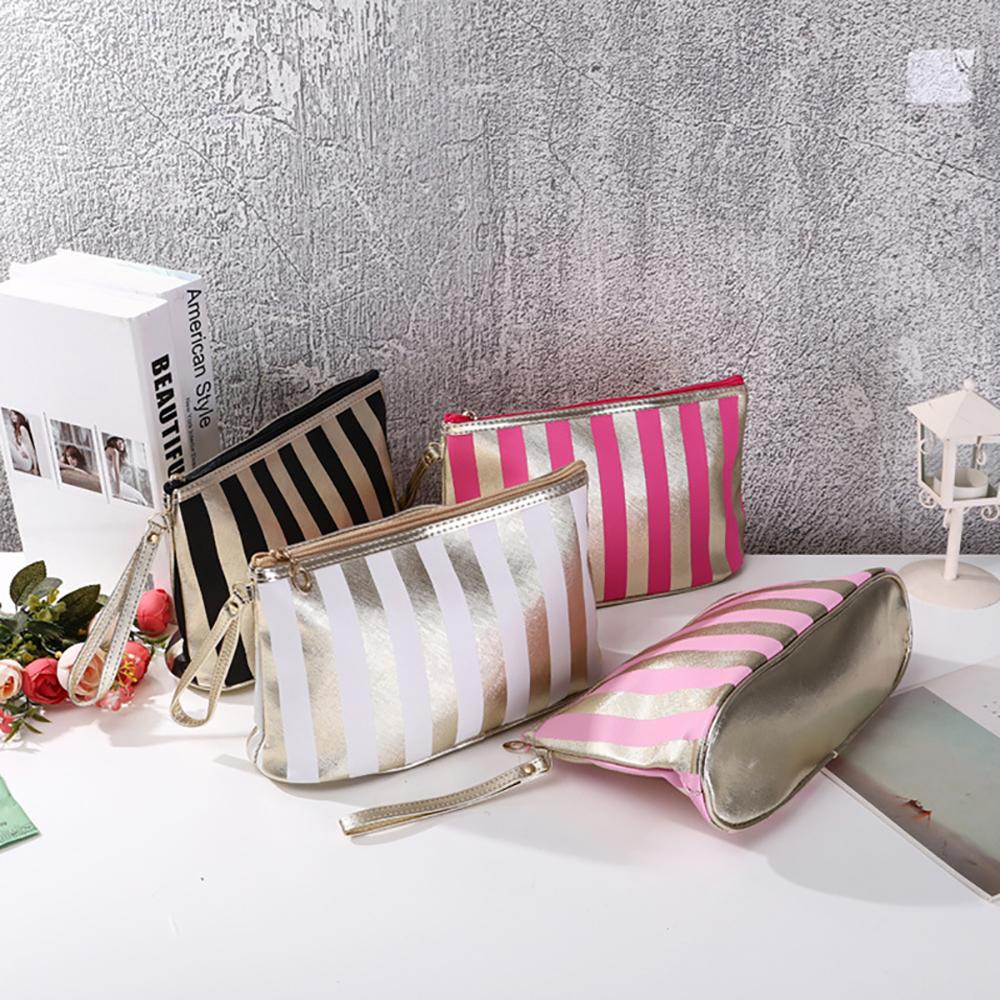 Portable Striped Makeup Bag Small Size Gold Edge Handbag Mini Soft Travel Outdoor Cosmetic Storage Bags Women's Bag
