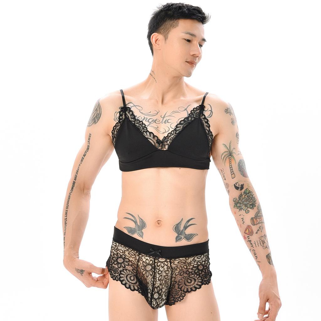 Men's sexy pajamas, gay underwear, gay bow lace, men's underwear set, men's sexy underwear, sexy underwear, gay underwear