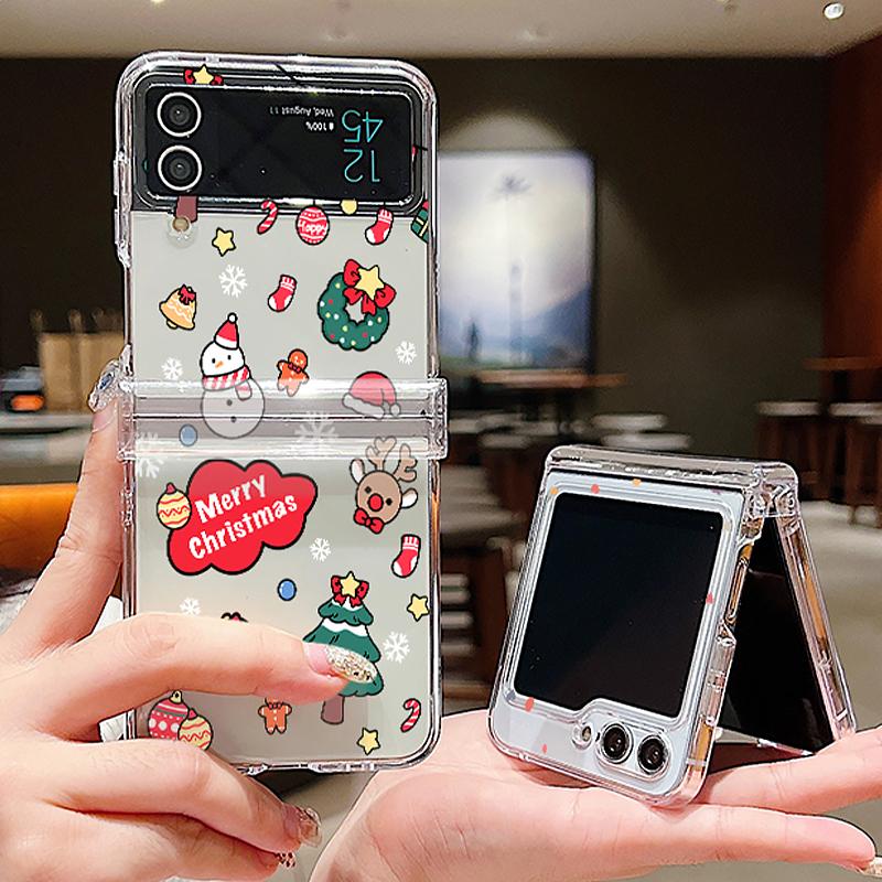Christmas Santa Elk Print Case For Samsung Galaxy Z Flip 6 5 4 3 Hard Folding Clear Phone Cover For Samsung Z Flip5 Flip4 Flip6