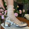 Gentle ins silver French thick heel Mary Jane shoes women's 2025 new summer light mouth with skirt round head single shoes