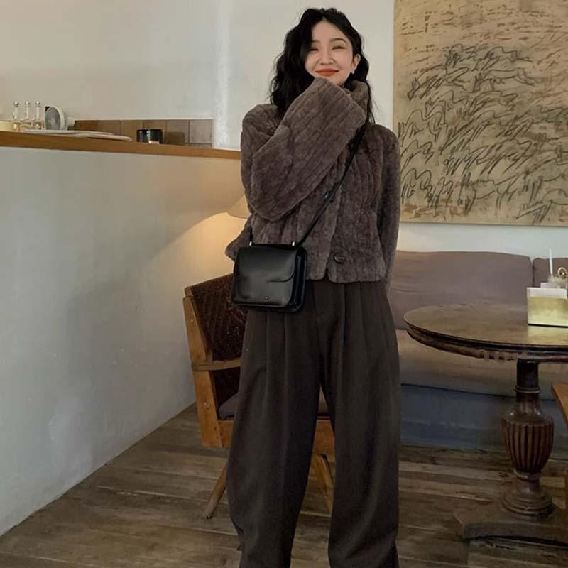 Women Winter Vintage Warm Lambswool Coats Fashion Padded Cotton Outerwear Stand Collar Cropped Jacket