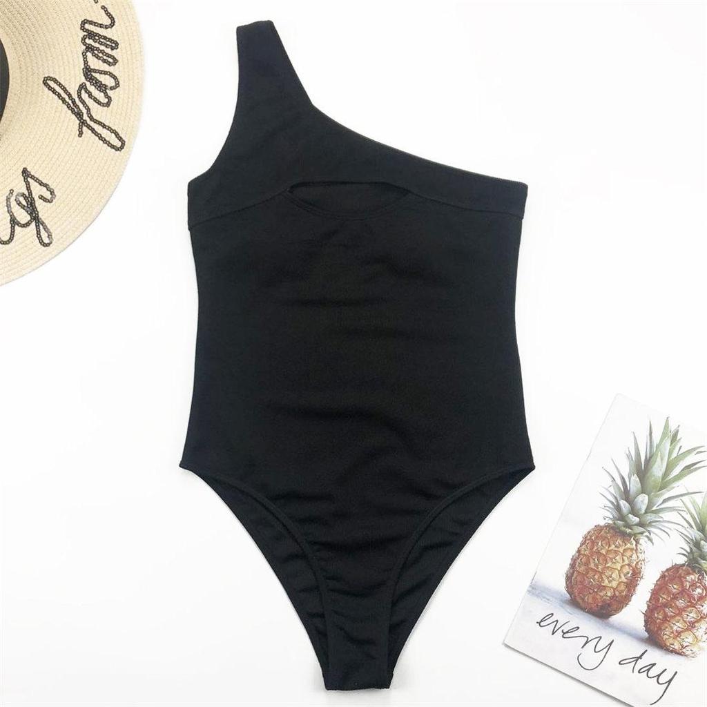 Sexy Black Ribbed One Shoulder Monokini Women Swimwear One Piece Swimsuit Female Bather Bathing Suit Swim Lady
