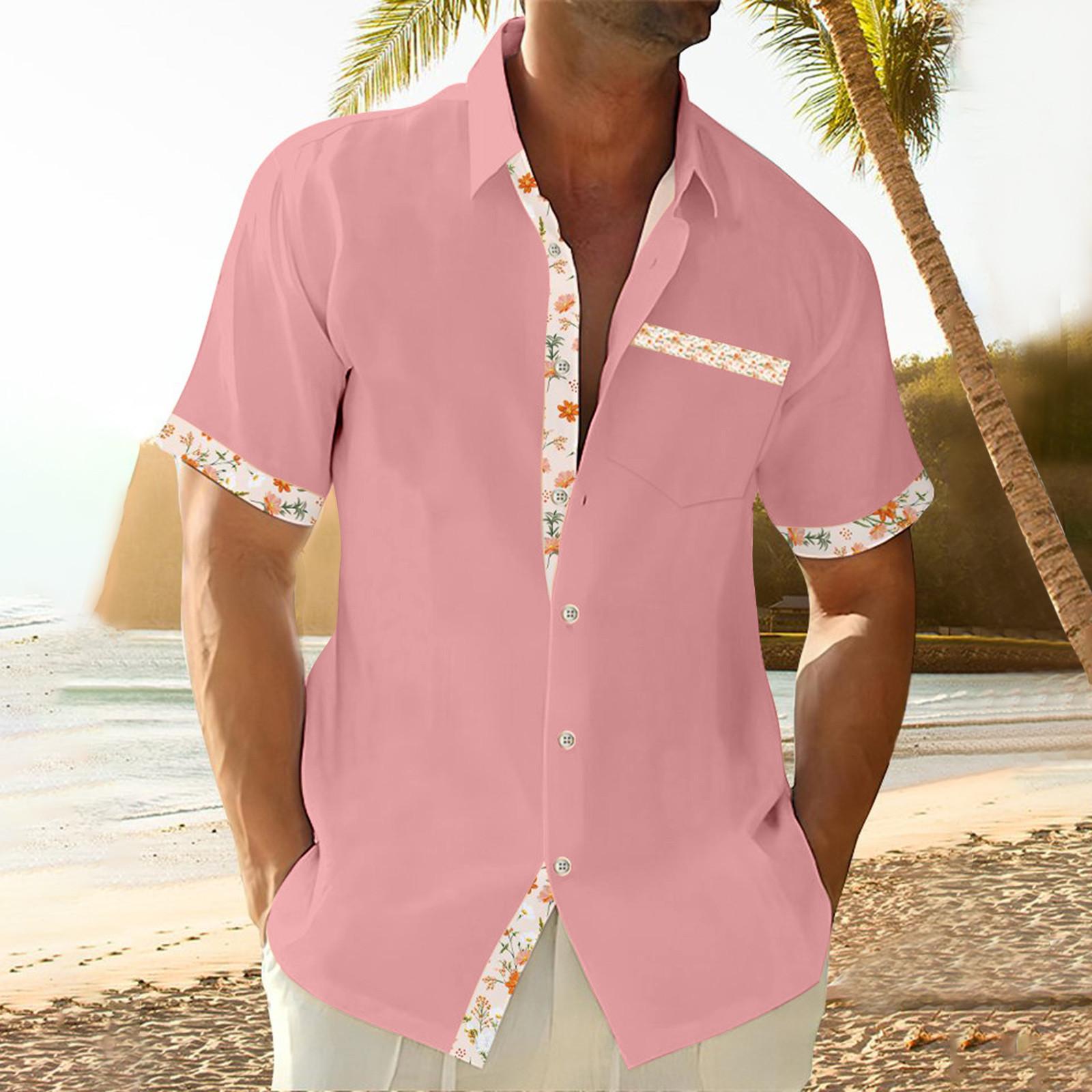 

Гавайская рубашка для мужчин, мужские винтажные рубашки для боулинга на пуговицах, летняя пляжная рубашка с коротким рукавом XL розовый