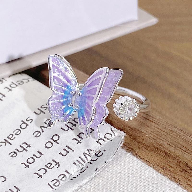 Purple Romantic~ Butterfly Sweet Cool Enamel Dripping Oil Zir*****Pening Ring Exquisite Stacking Temperament Ring Woman