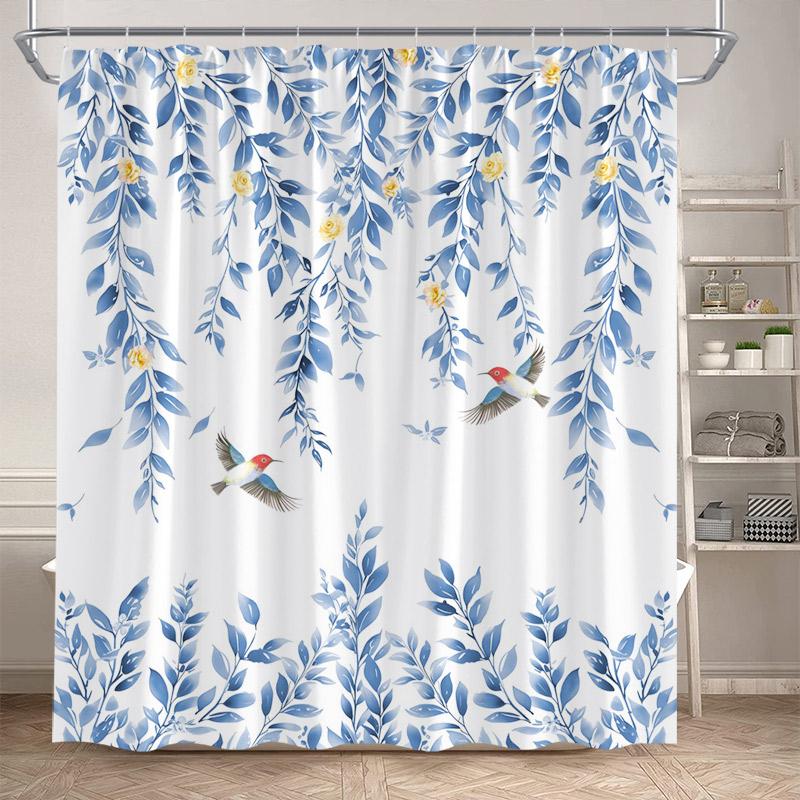 Butterfly Floral Shower Curtains Watercolor Purple Lavender Hummingbird Dragonfly Flower Plant Bathroom Curtain Decor with Hooks