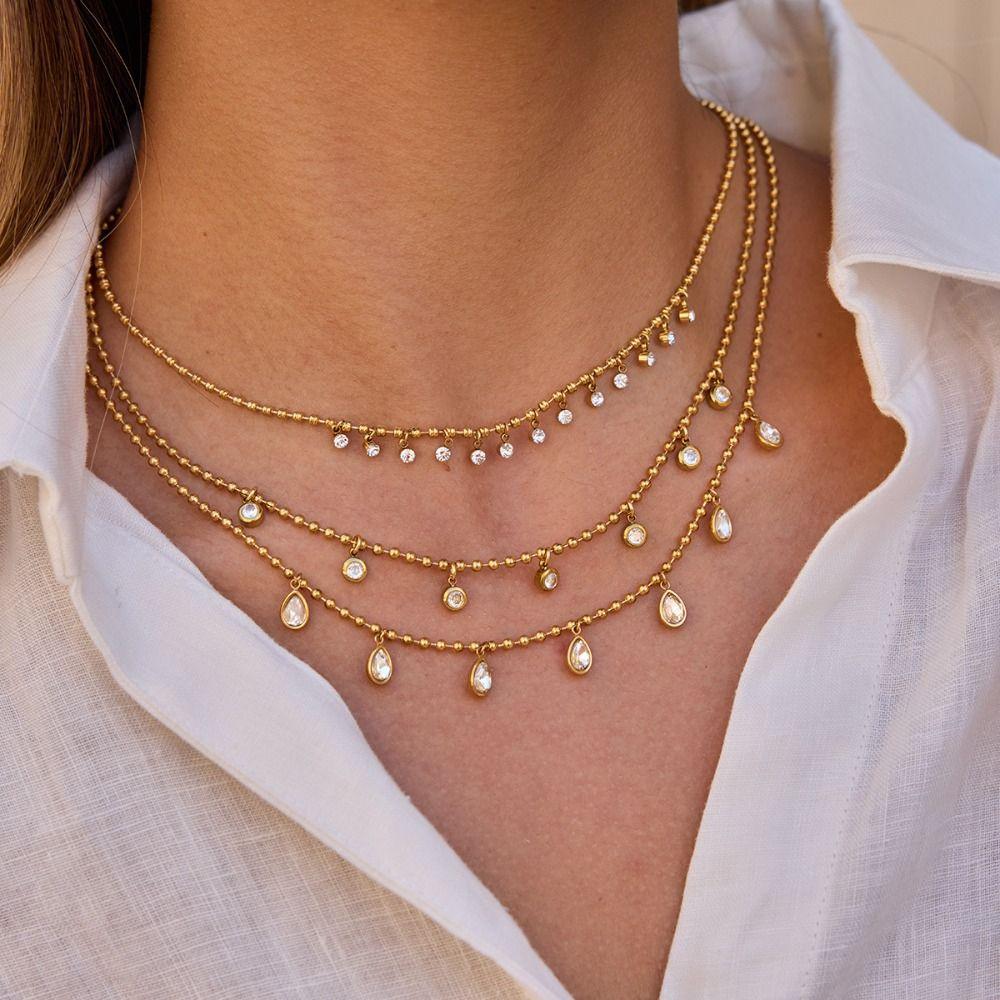 Colored Zircon Zircon Pendant Necklace Multilayer Stainless Steel Necklace  For Women