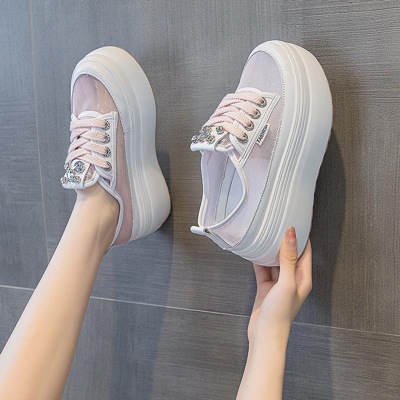 

Mesh shoes women s shoes 2025 new summer hollow breathable mesh thin thick sole height 8 cm rhinestone fashion 39 розовый