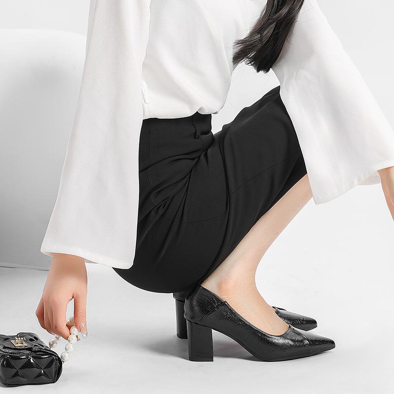 Měkké kožené boty na vysokém podpatku, lodičky do práce se špičkou, temperament s plisovaným šitím, dámské boty, boty na silném podpatku