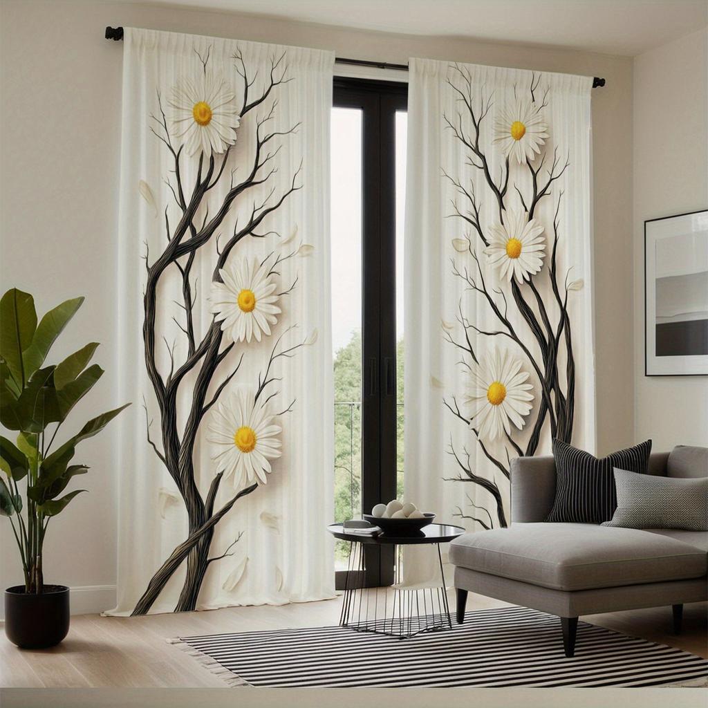 Black Twig Daisy Flower Pattern Curtains Polyester Fabric Suitable Bedroom Living Room Decoration Curtain Made Of Washable Area Ready