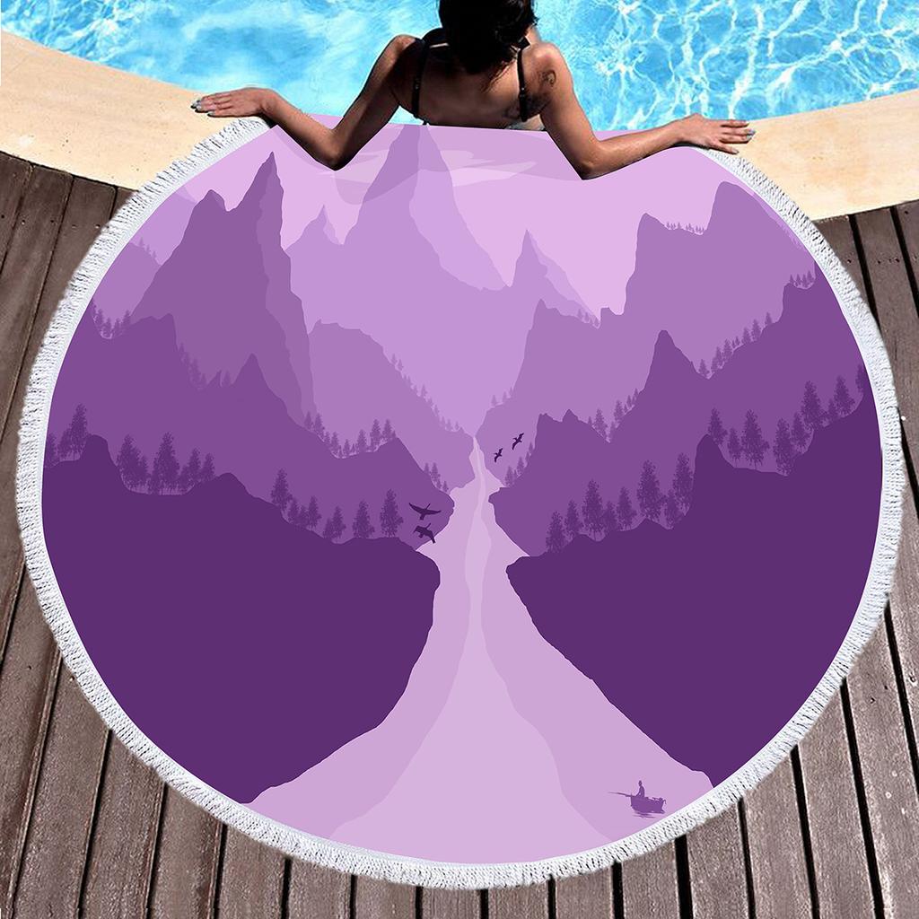 Purple Dreamy Scenery Print Round Beach Towel,Polyester Sand Resistant Beach Blanket,Absorbent Quick Dry Pool Towel Picnic Mat