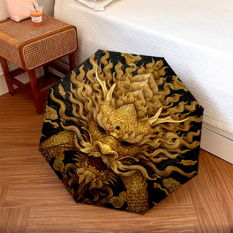 Golden Dragon  Pattern, Automatic Folding Umbrella, Portable and Foldable Design, 8 Ribs, a Christmas or Birthday Gift.