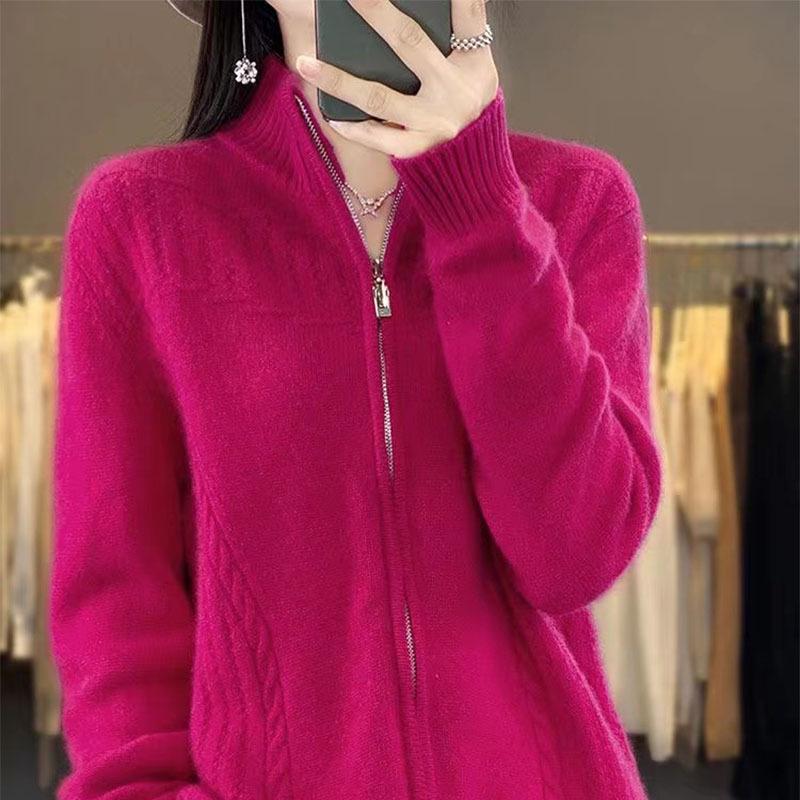 2024 Women's Retro Zipper Cardigan: Autumn Winter Loose Knit Semi-High Neck Sweater