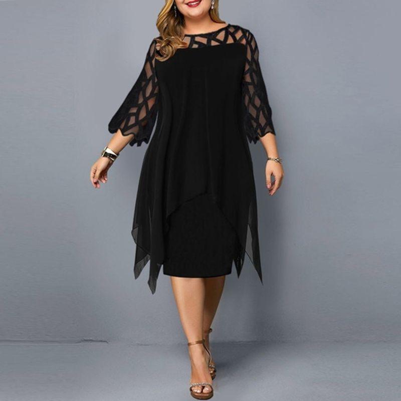 Chiffon Dress Spring European and American Women's Clothing Lace Patchwork 3/4 Sleeve Asymmetrical Hem Chiffon Dress